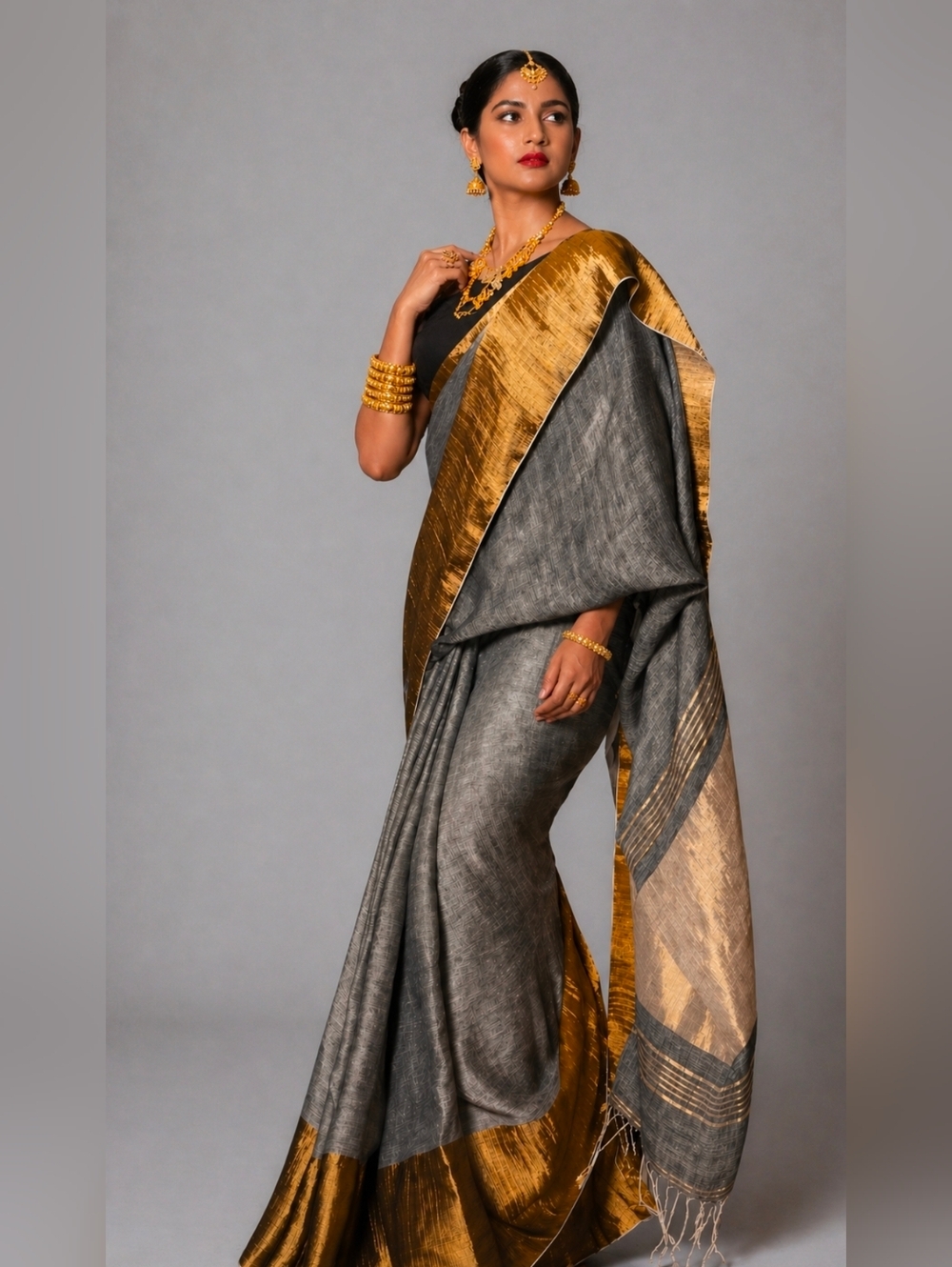 Embellished Indian Gold And Grey Saree with Border Size MEDIUM New